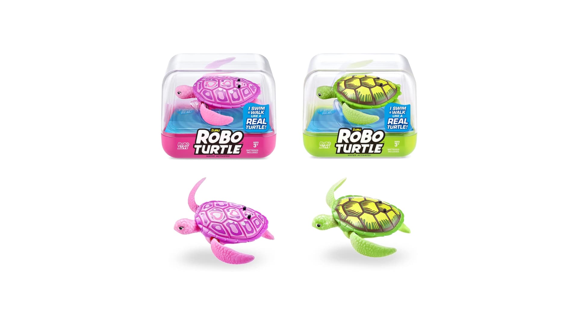 ROBO ALIVE Robo Turtle Robotic Swimming Turtle (Green + Pink) by ZURU Water Activated, Comes with Batteries, Exclusive (2 Pack)