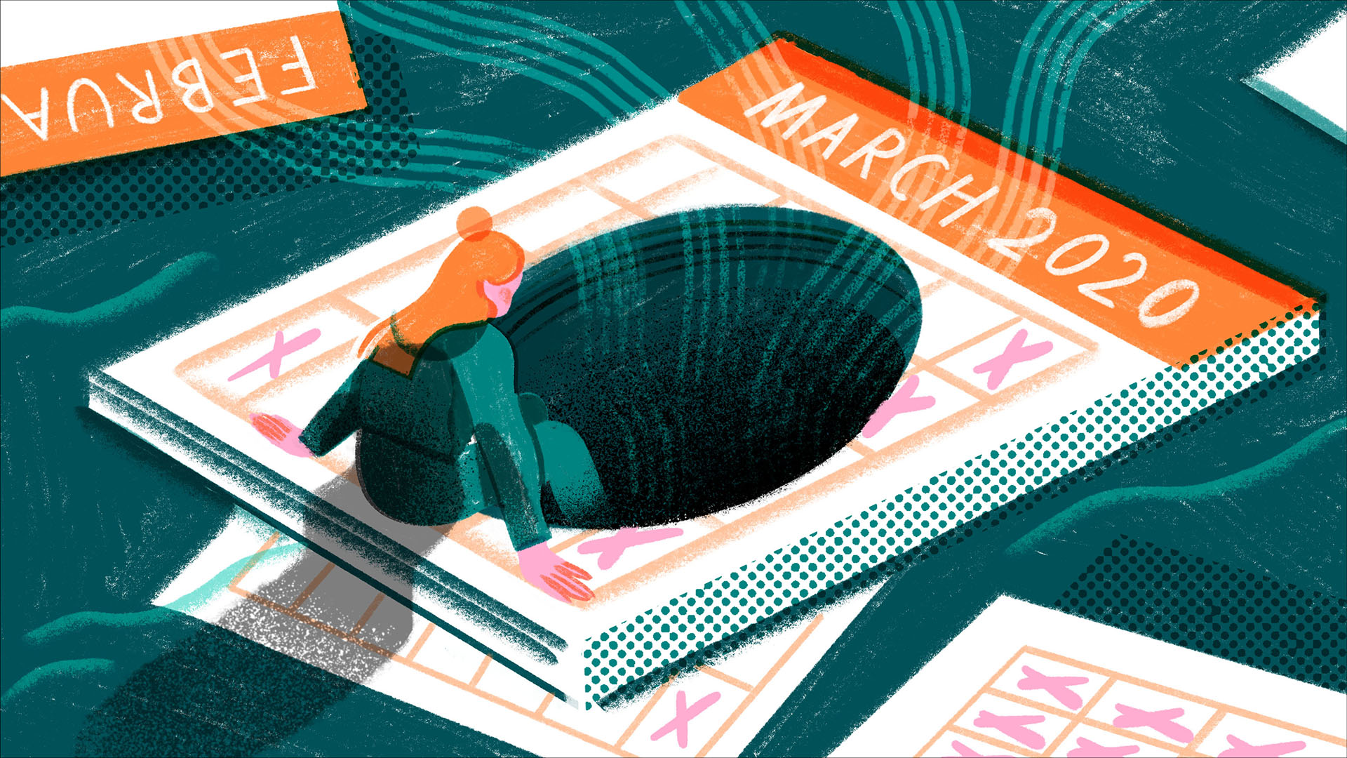 illustration of woman falling into a black hole in the March 2020 page of a calendar