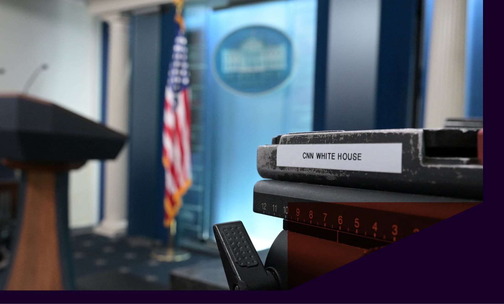A CNN sticker is seen on equipment in the James Brady press briefing room of the White House in Washington, DC.
