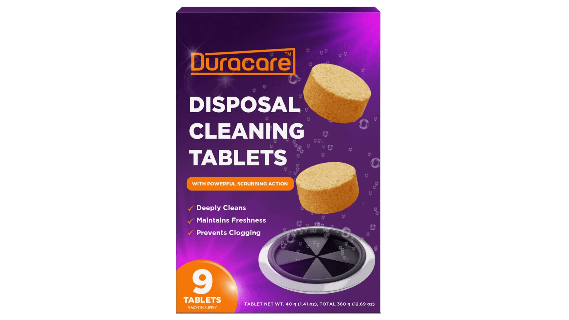Duracare Garbage Disposal Cleaner and Deodorizer Tablets - Removes Odors, Eliminates Grime, and Prevents Clogging - Formulated to Clean Inside All Sinks and Disposals - 9 Tablets