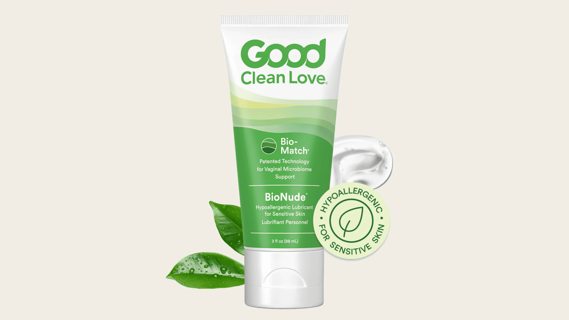 White squeeze bottle with green lettering and pattern