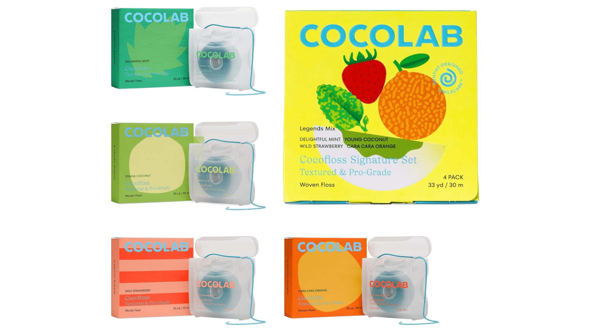 Cocofloss Woven Dental Floss, Dentist-Designed Oral Care, Waxed, Vegan, Kid-Friendly, with Coconut Oil, 4-Pack of Mint, Coconut, Orange, Strawberry (33 yard Each)