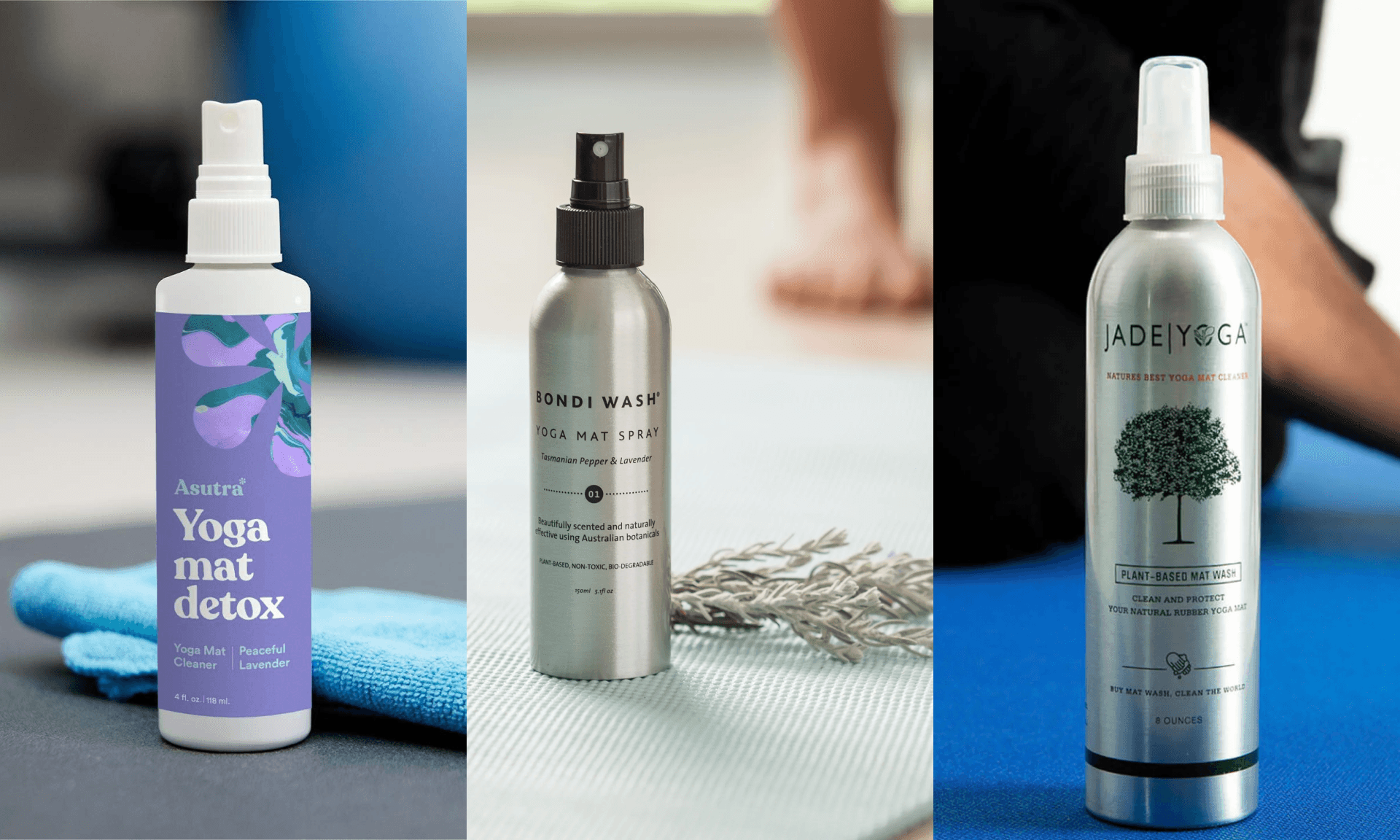 Three bottles of yoga mat cleaner, one purple and two stainless steel