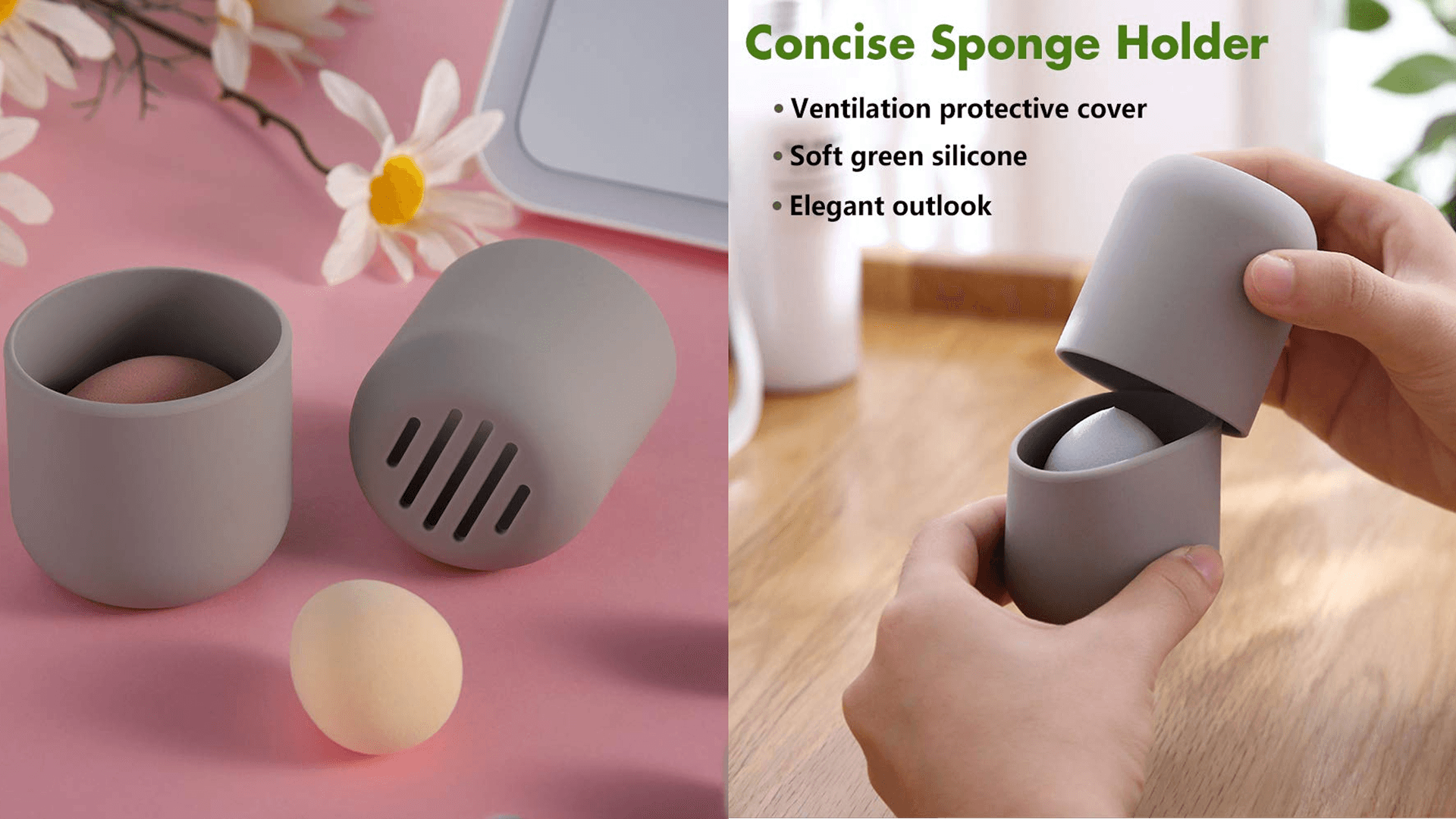 BEZOX Makeup Sponge Holder, Silicone Beauty Sponge Case with Double-Sided Vent Design for Quick Drying, Compact Travel Essentials Make Up Blender Container (BLENDER NOT INCLUDED) - Grey