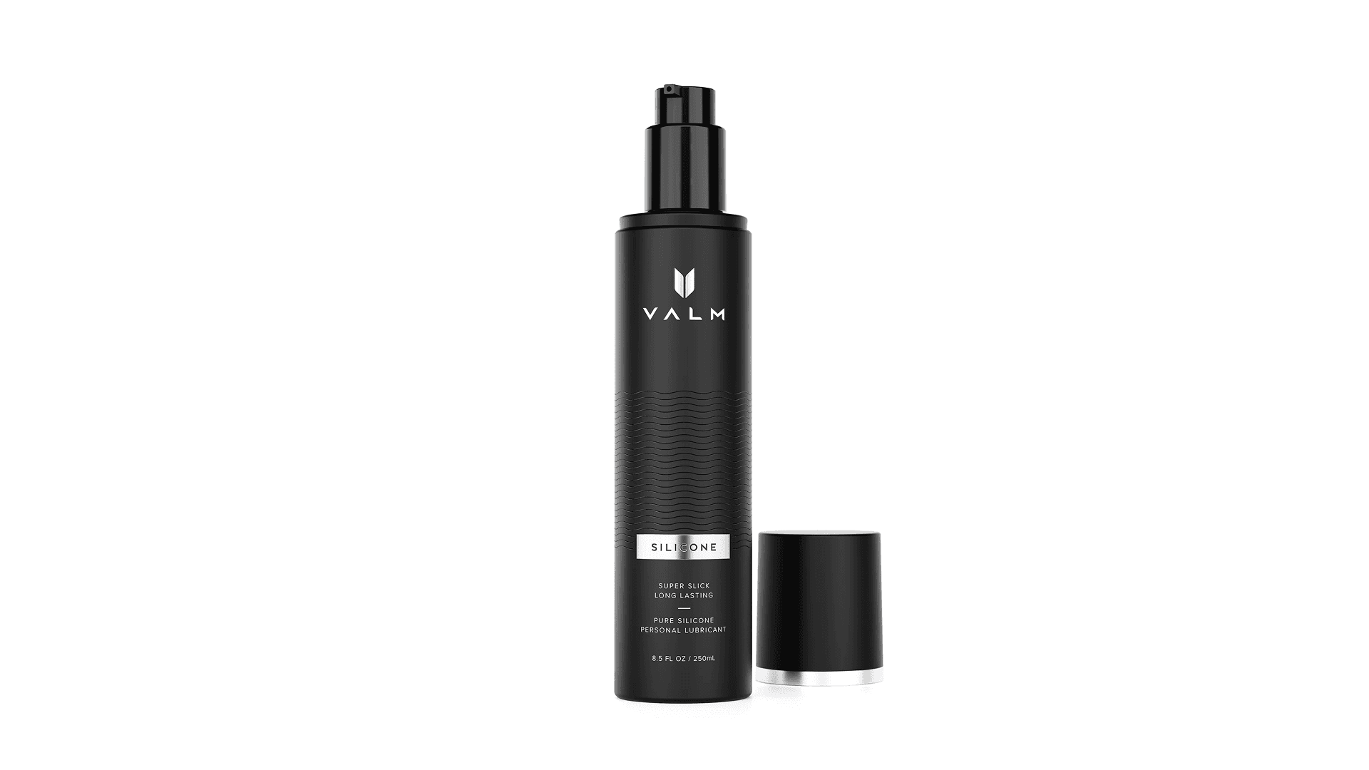 Black pump bottle with silver Valm logo and accent lettering