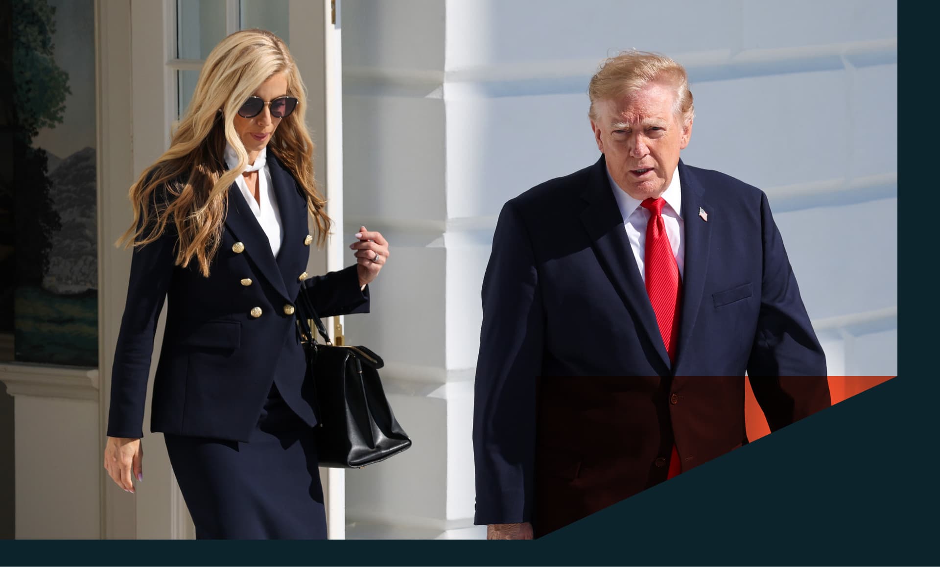 President Donald Trump walks with former White House press secretary Katie Zacharia