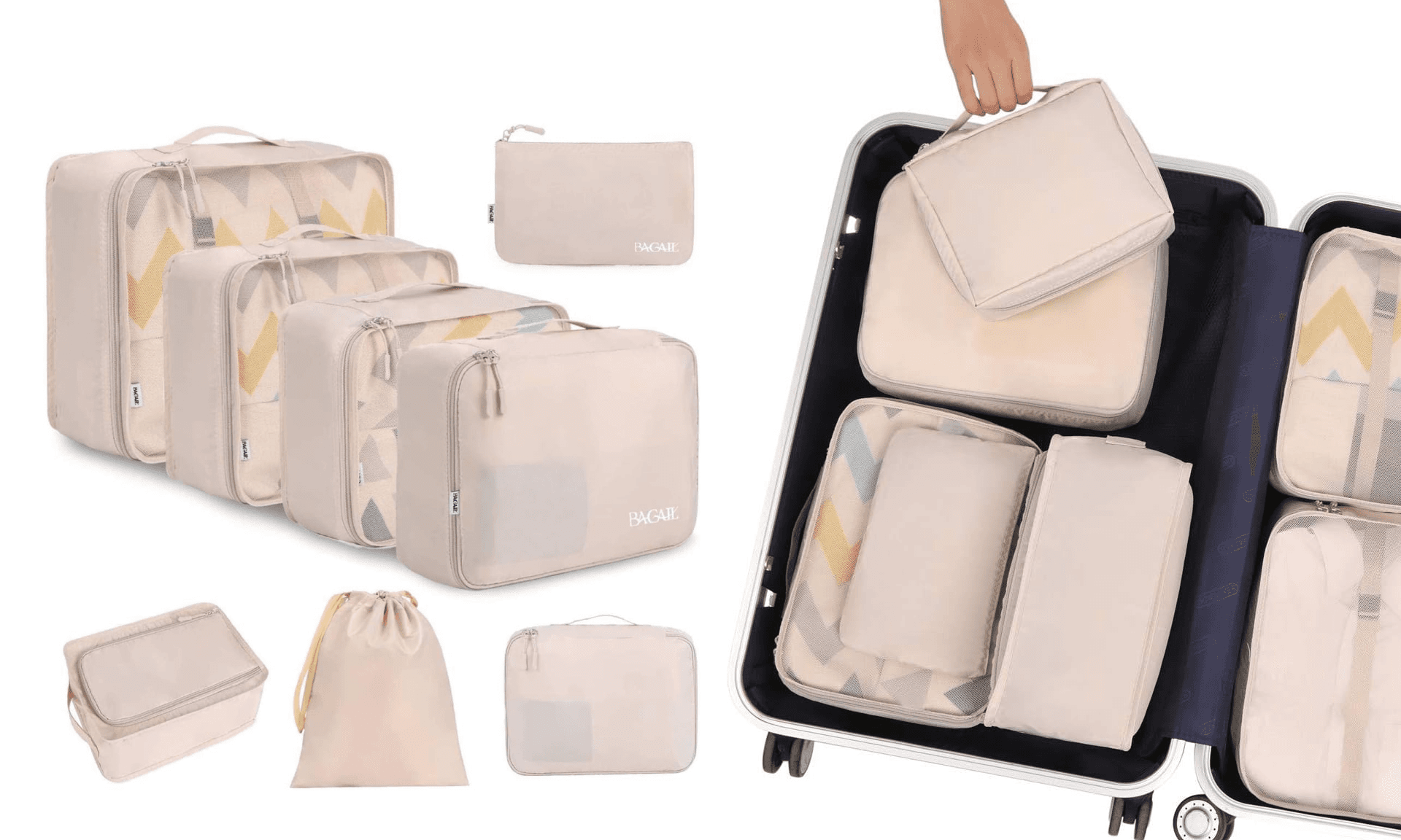 BAGAIL 8 Set Packing Cubes Luggage Organizer Bags for Travel Accessories-Cream