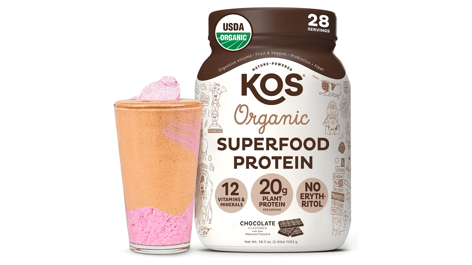 KOS protein powder and shake in chocolate flavor