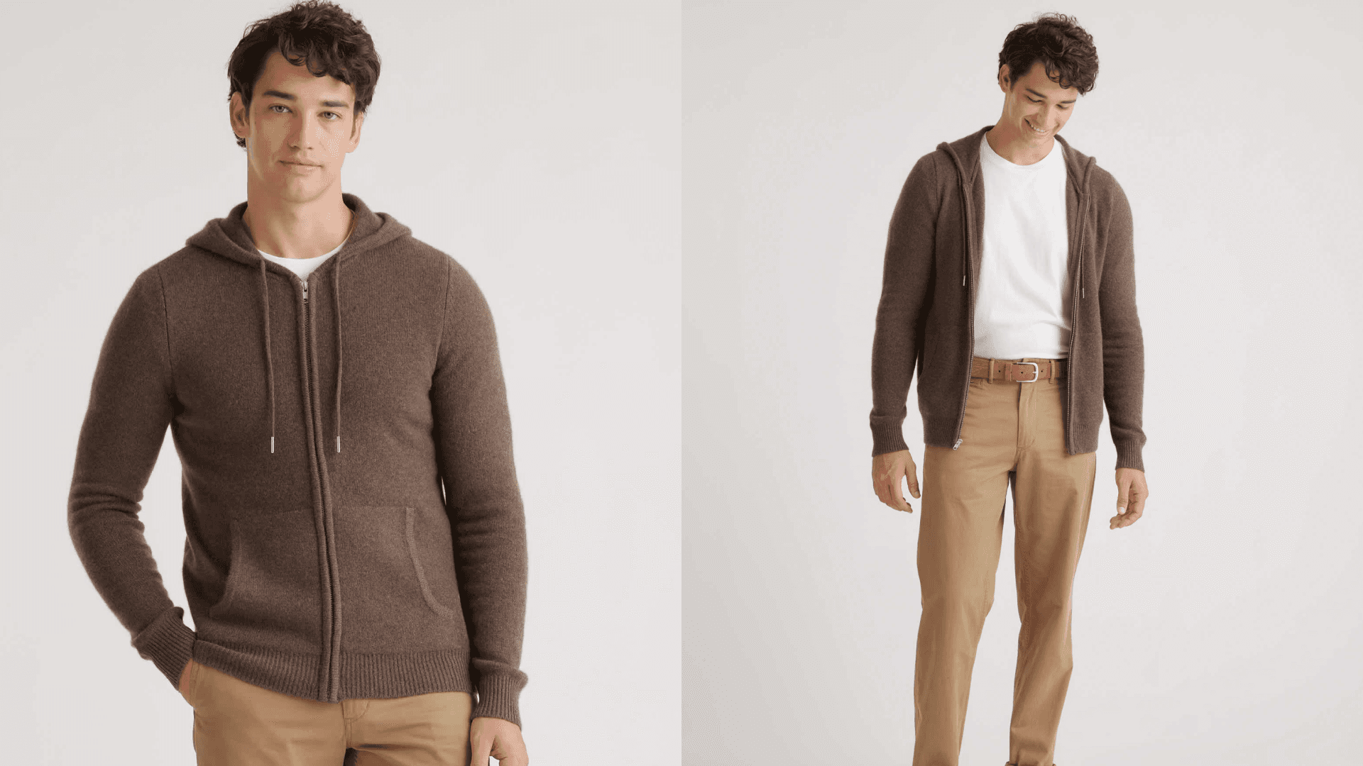 Cashmere zip-up hoodie in brown