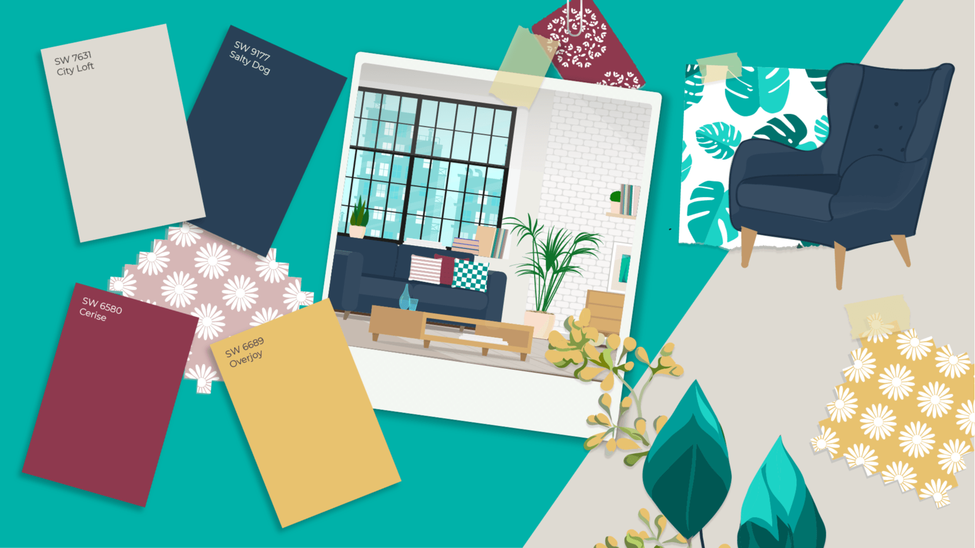 Sherwin Williams Paint Personality Article inspiration board with colors and home decor