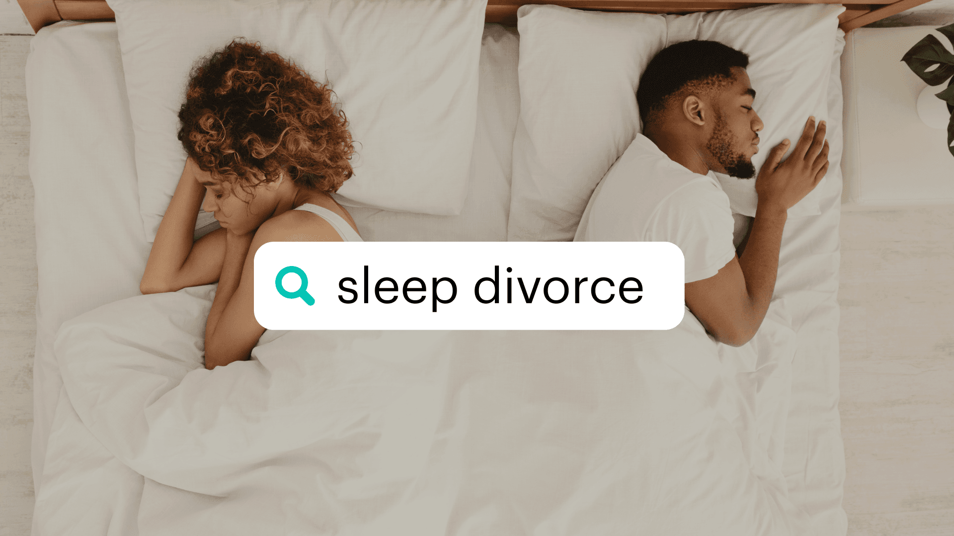 Photo of a couple sleeping in bed together facing opposite directions with text sleep divorce on top