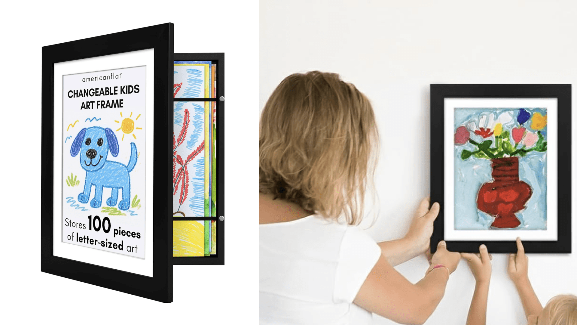 Kids Artwork Frame Changeable (Black) - Magnetic Door Holds 100 Art Pieces - 8.5x11 Letter Size Display with Mat or 10x12.5 Without Mat - My Mini Masterpiece