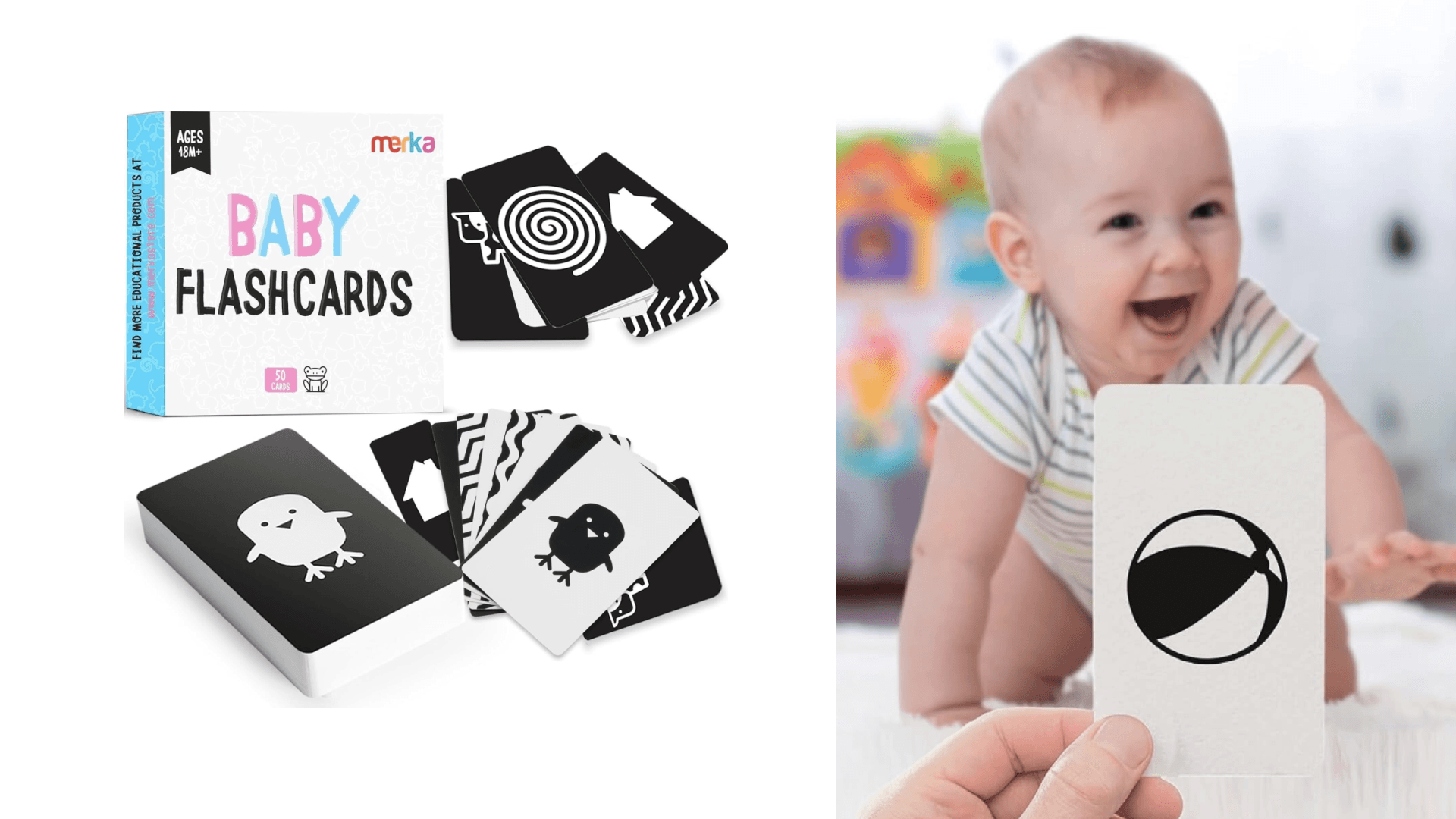 Merka Newborn Toys & Sensory Flash Cards for Babies - High Contrast Baby Cards - 50-Pack Paper, 2.4 in x 4.2 in, Black & White - Visual Stimulation & Brain Development for 0-3 Months