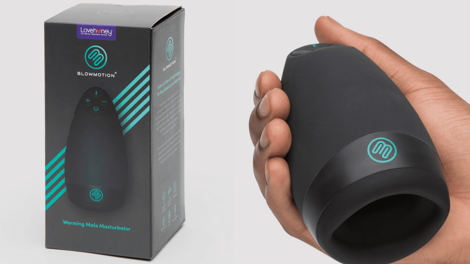 Box showcasing black vibrator with teal accents; hand holding vibrator