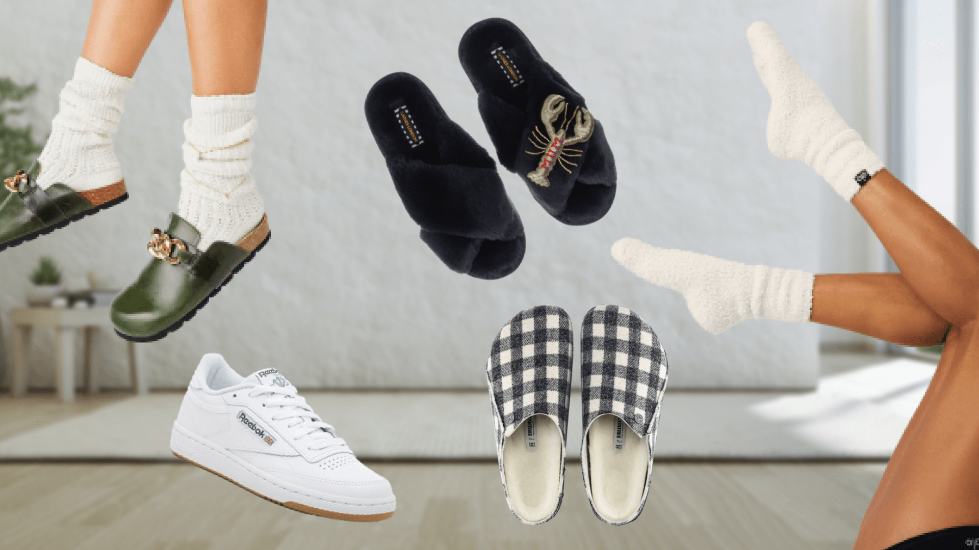 Cozy socks, house slippers, everyday sneakers and slip ons