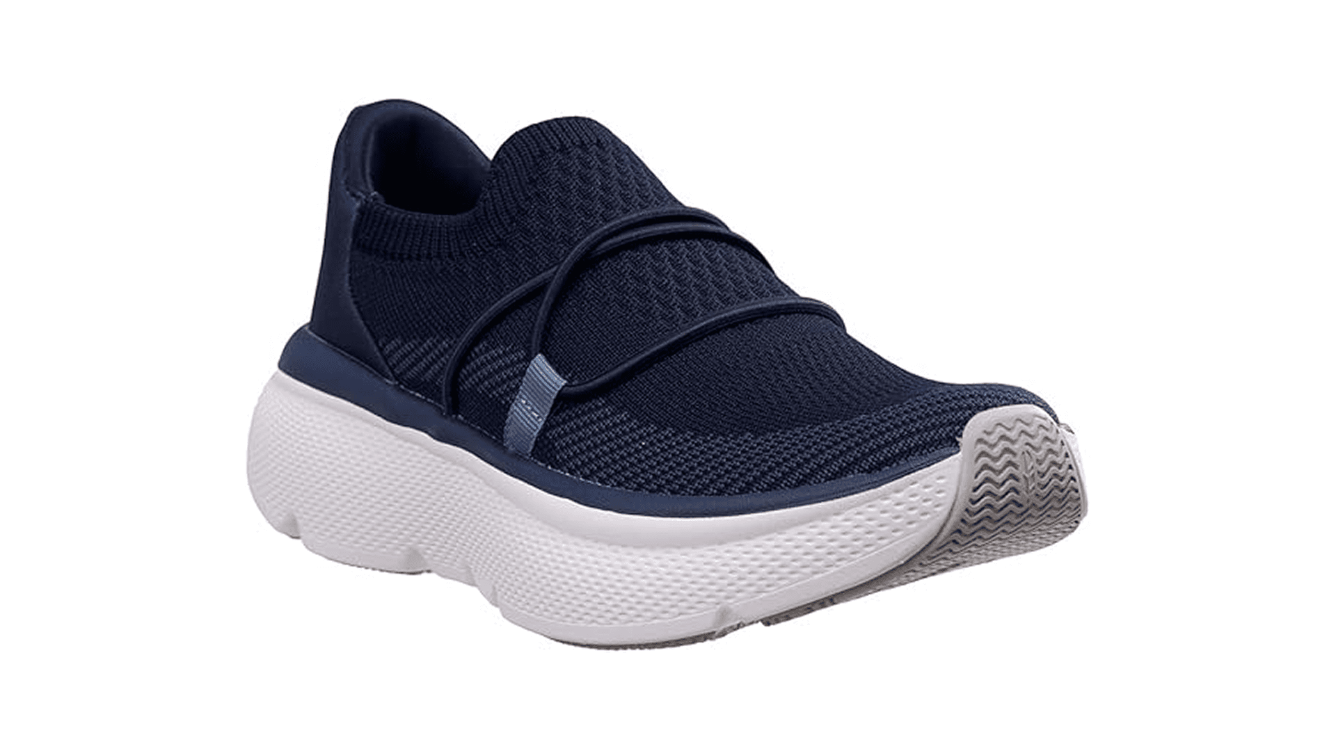 Navy blue sneaker with white sole