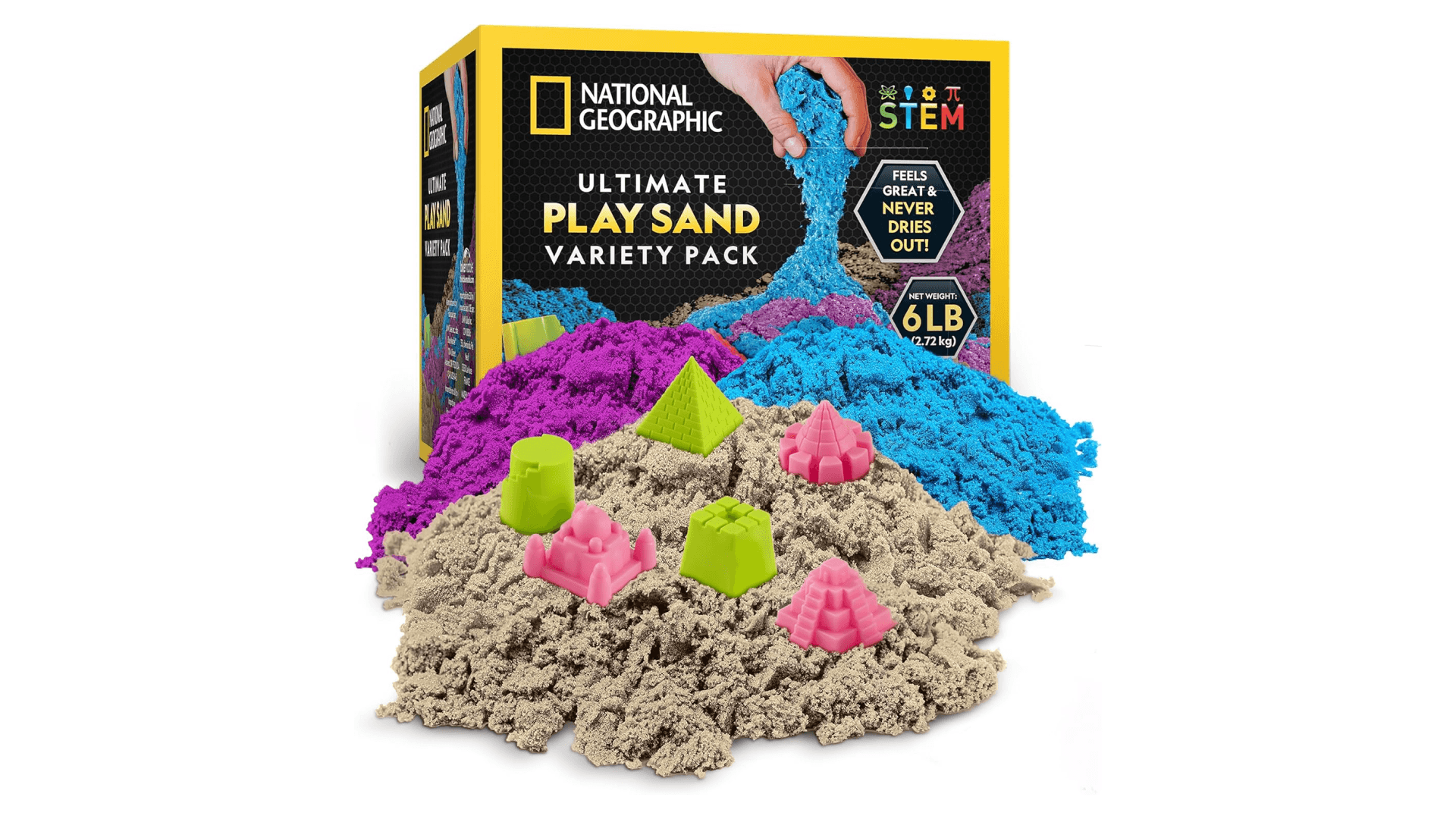 National Geographic 6 Lb. Moon Sand Combo Pack - 2 Lbs. Each of Blue, Purple and Natural Play Sand with Castle Molds - A Fun No Mess Sensory Activity (Amazon Exclusive)