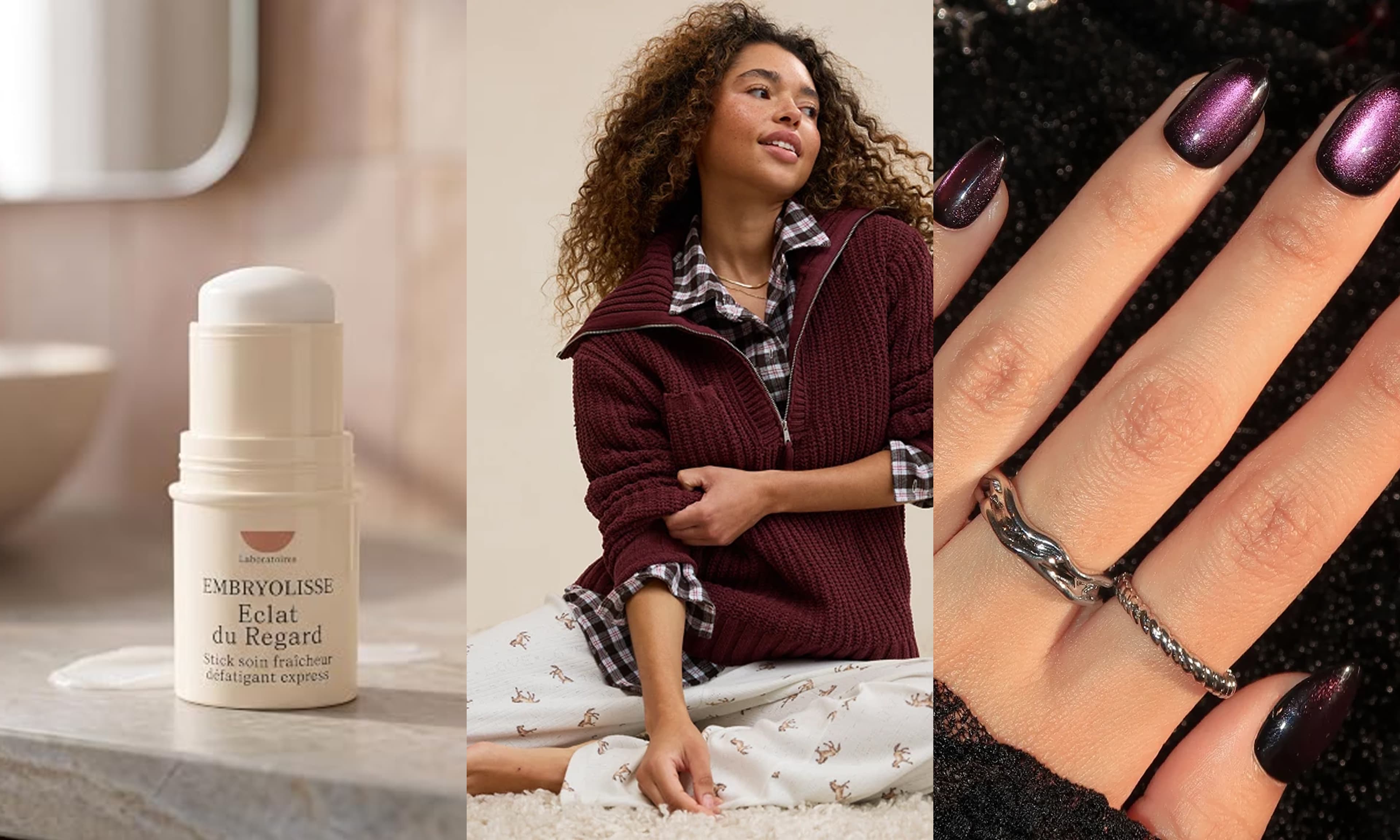 Embryolisse Radiant Eye Stick, Aerie So Nostalgic Quarter Zip Sweater, Glamnetic Dark Romance Press-On Nails