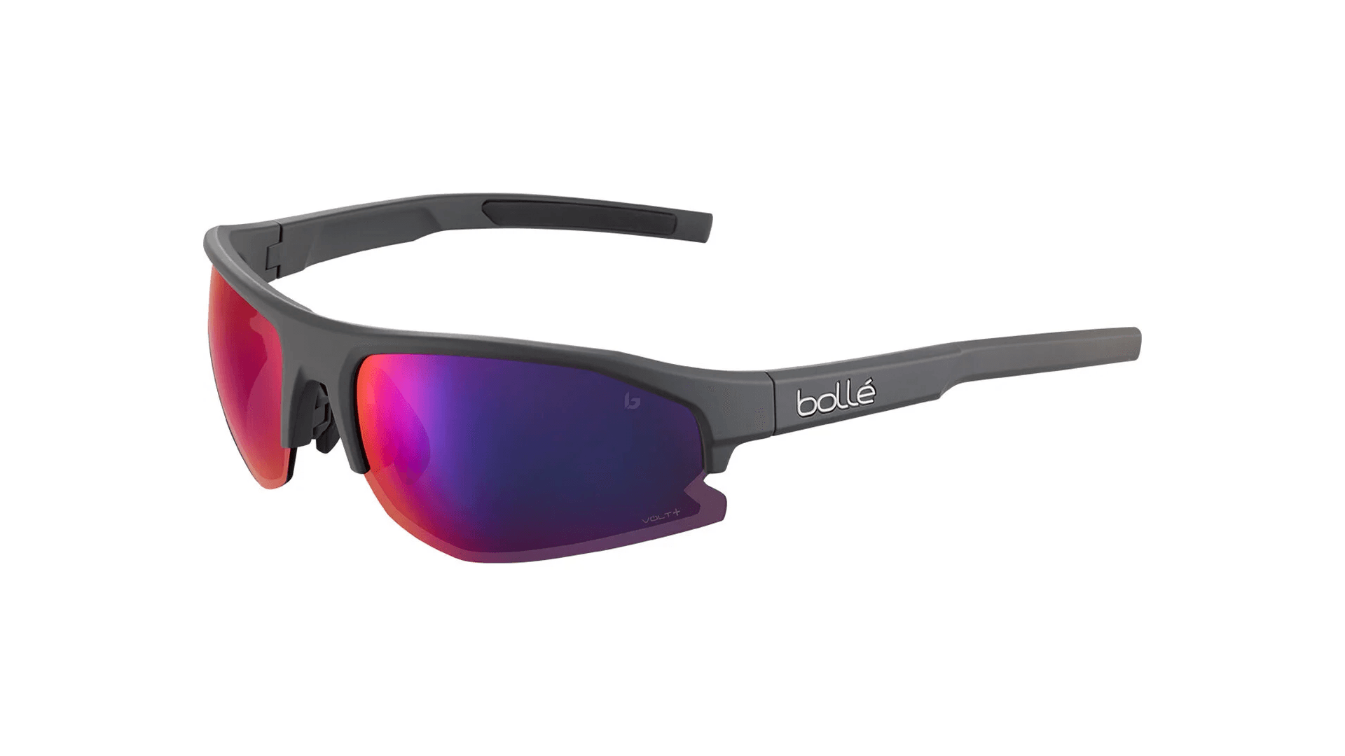 Wrap-around sunglasses with pink and purple lenses and black frame