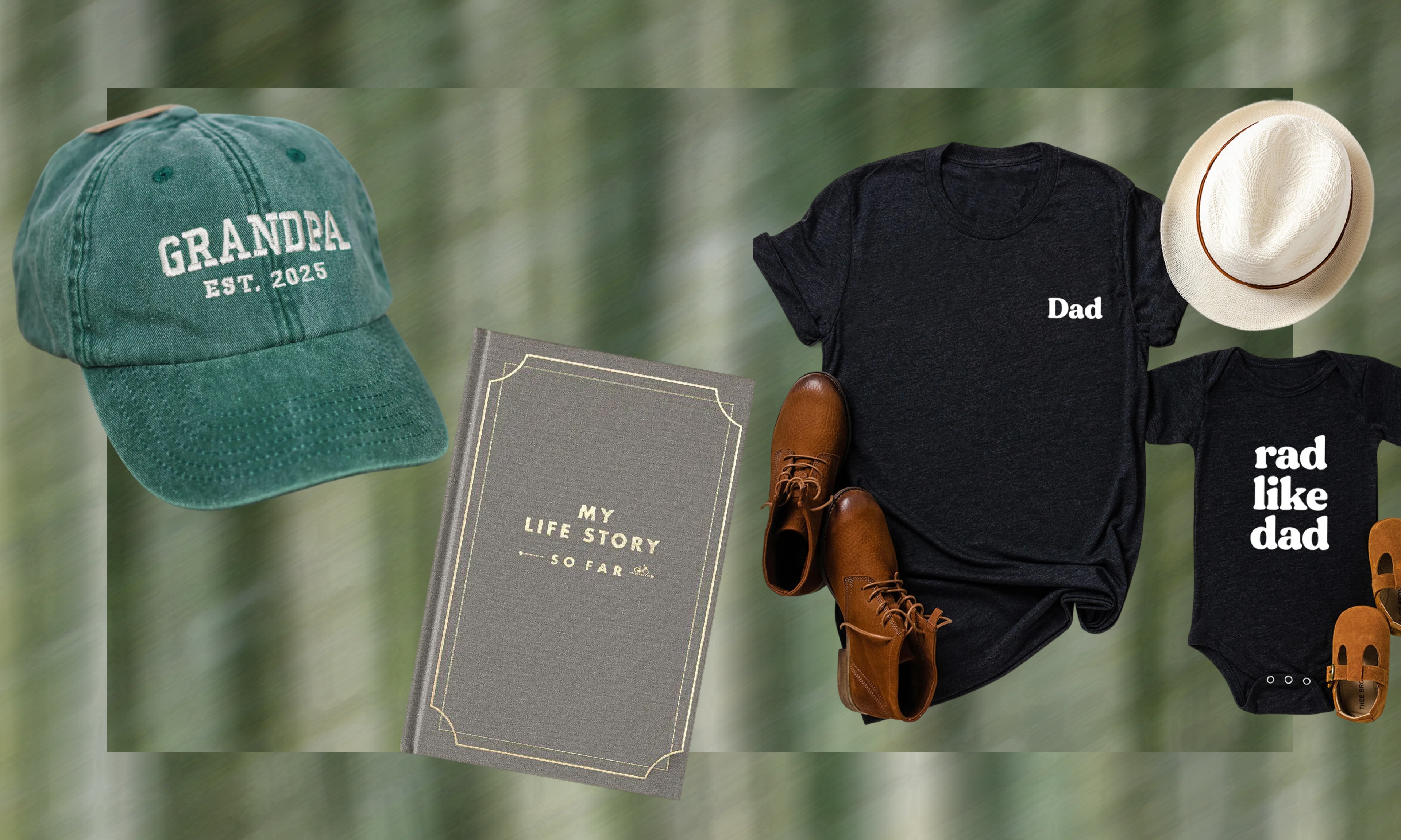 A collage of gifts to present the Dad celebrating milestones