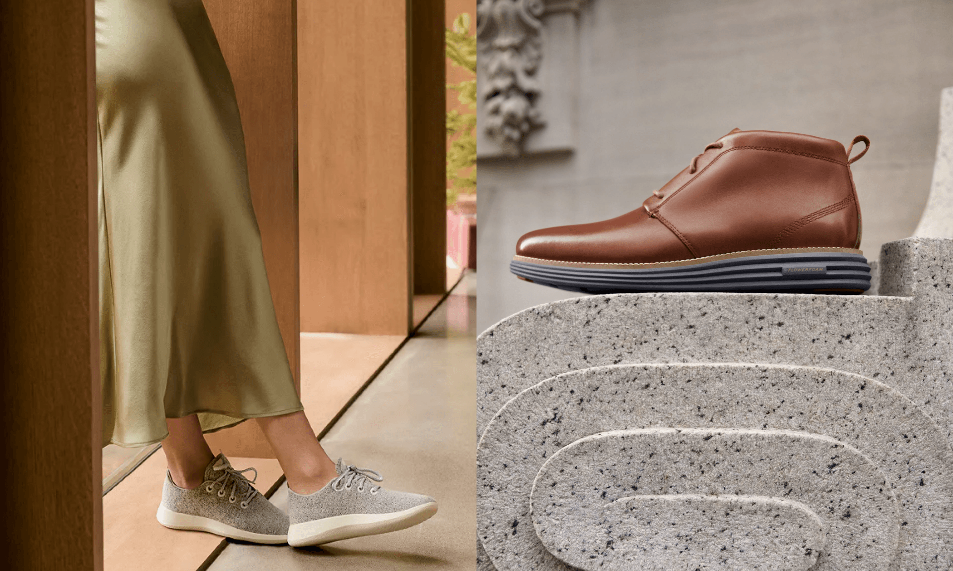 Woman in green skirt in gray sneakers, brown laced boots on stone