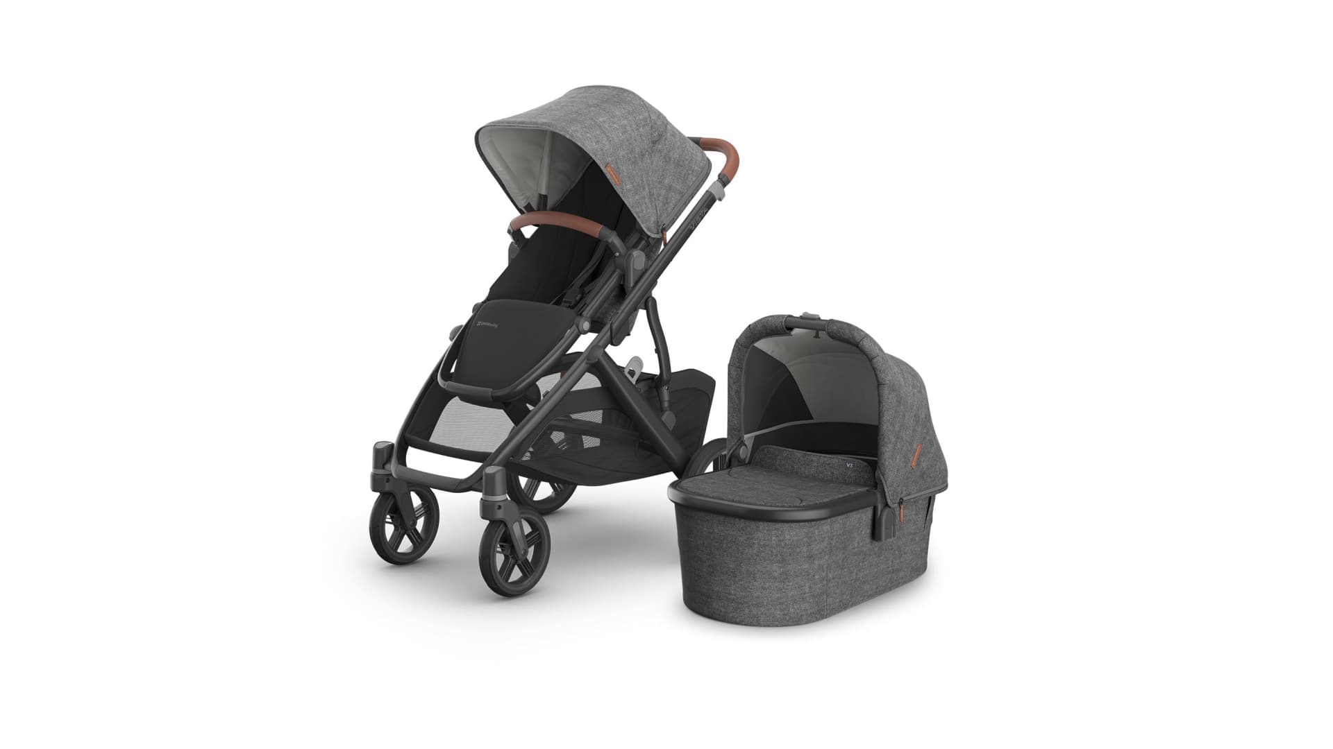 UPPAbaby Vista V3 Stroller + Bassinet V3 - Convertible Single-To-Double Stroller System- Bassinet, Toddler Seat, Bug Shield, Rain Shield Included-Greyson (Charcoal Mélange/Carbon Frame/Saddle Leather)