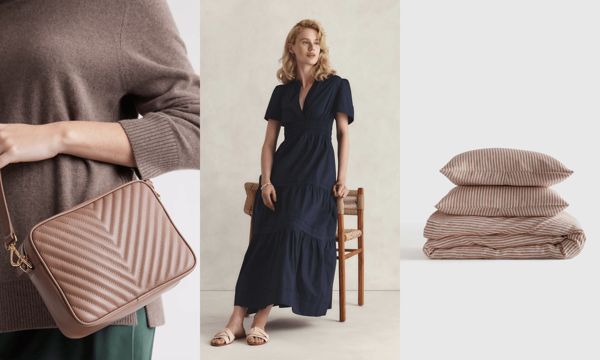 Brown crossbody bag, navy dress, brown and white stripe duvet set