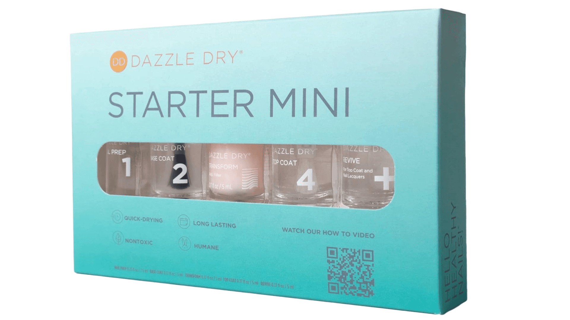 Dazzle Dry Complete Starter Mini Kit | Step 1 - Nail Prep, Step 2 - Base Coat, Step 4 - Top Coat, Transform - Ridge Filler & Revive - Polish & Top Coat Thinner.