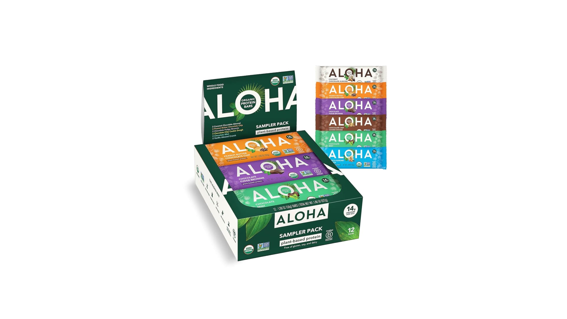 ALOHA Organic Plant Based Protein Bars - 6 Flavor Variety Pack - 12 Count, 1.9oz Bars - Vegan Snacks, Low Sugar, Gluten-Free, Low Carb, Paleo, Non-GMO, Stevia-Free, No Sugar Alcohol Sweeteners