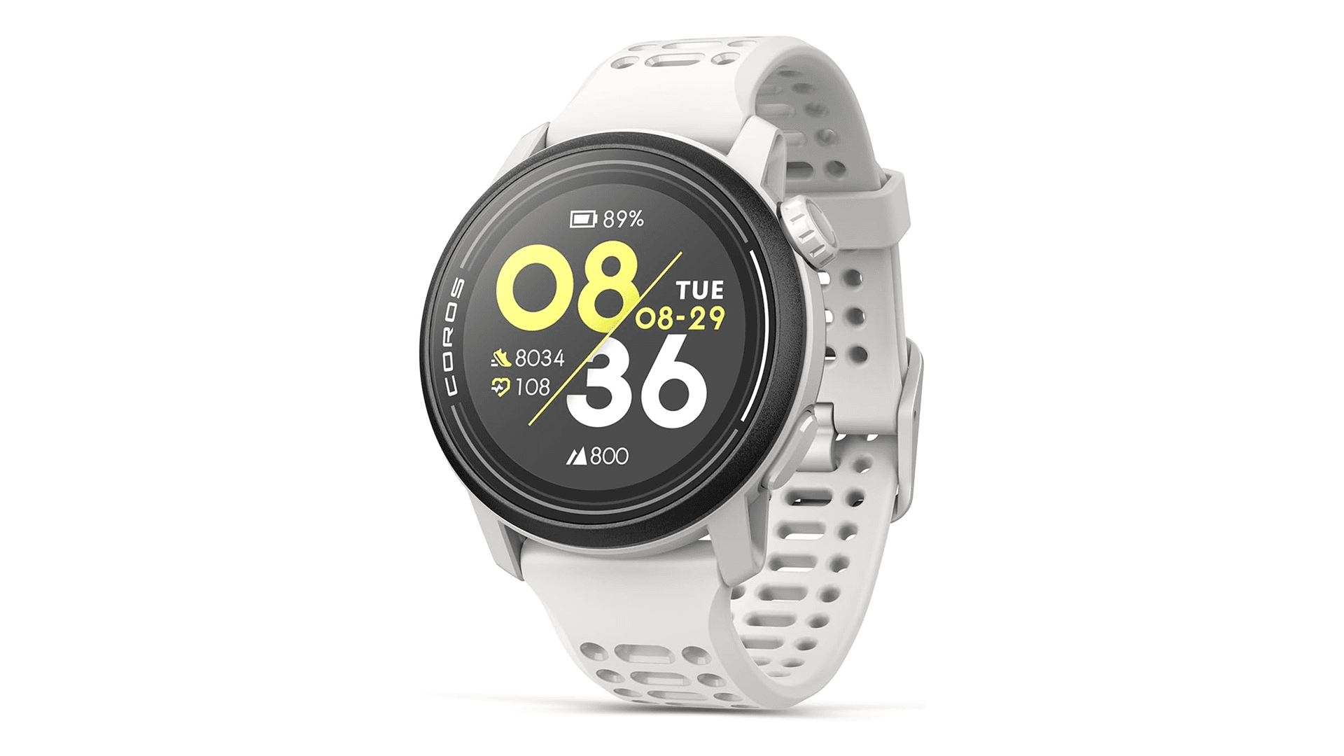 Coros smartwatch with white band and yellow and white interface