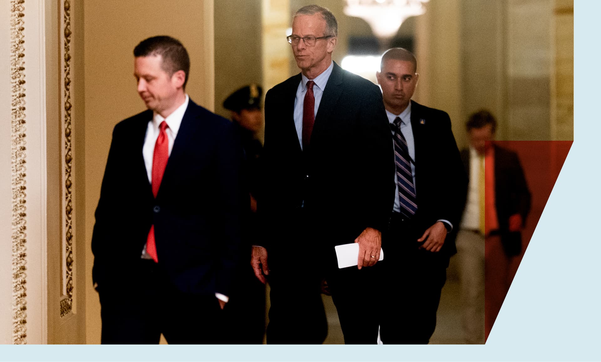 Senate Majority Leader John Thune, a Republican from South Dakota, arrives for a Senate Republican caucus meeting at the US Capitol in Washington, DC