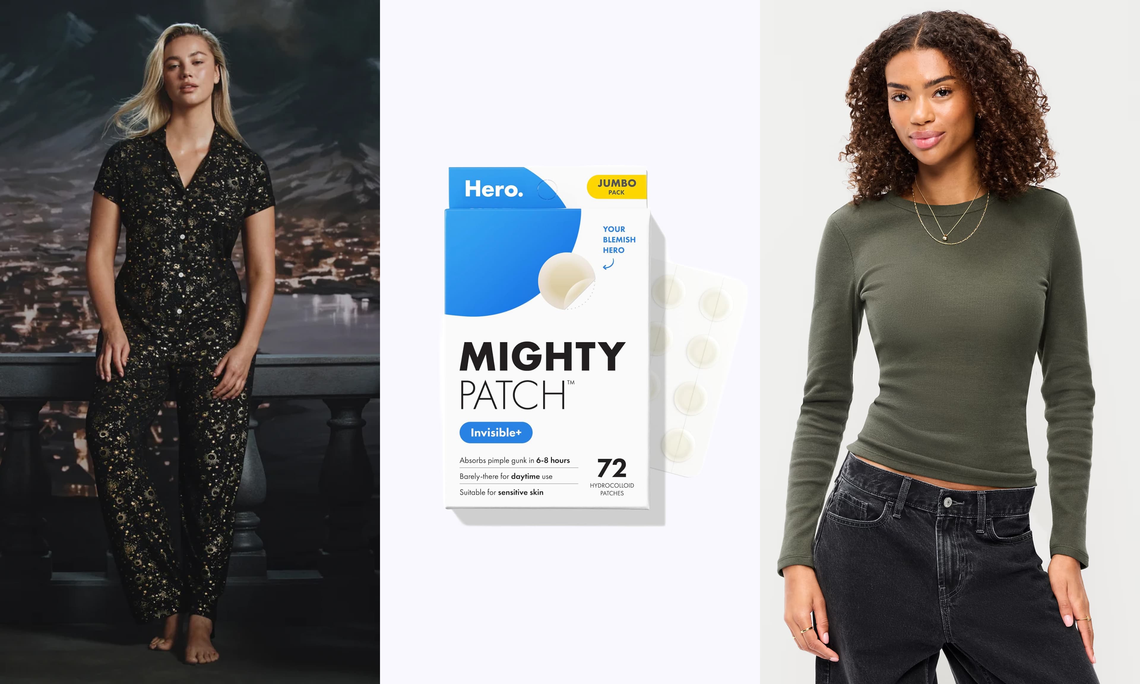 pajamas, pimple patches, long-sleeve T-shirt