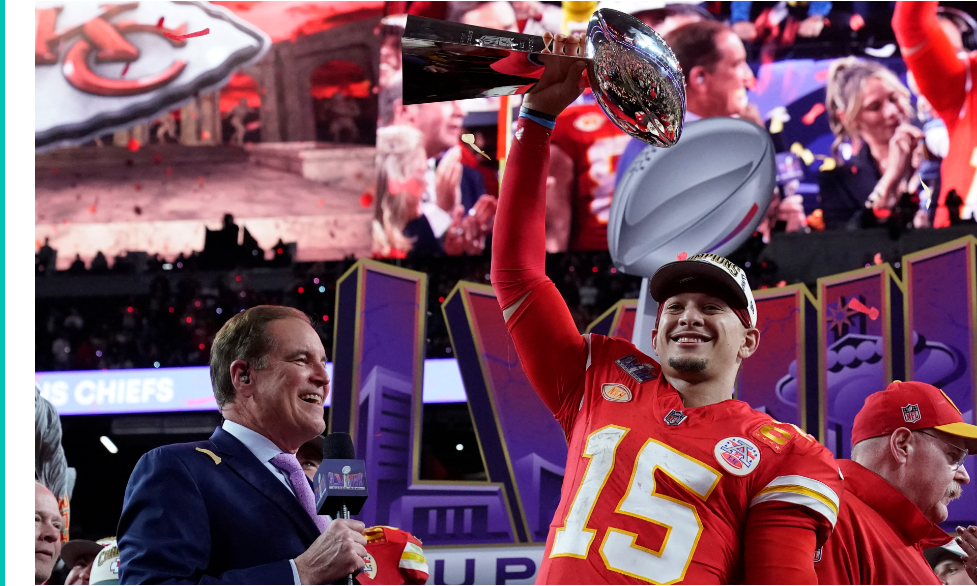 Kansas City Chiefs' quarterback #15 Patrick Mahomes celebrates with the trophy after the Chiefs won Super Bowl LVIII