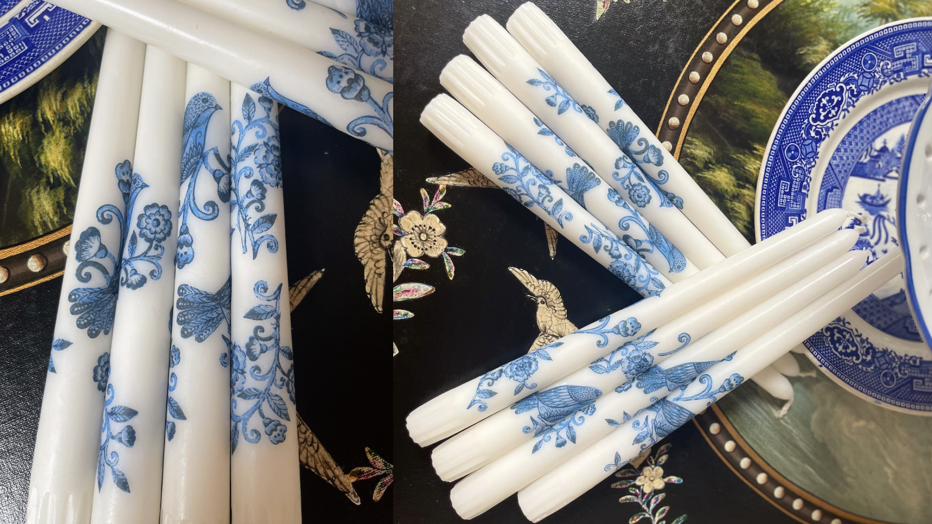 taper candles with blue chinoiserie pattern