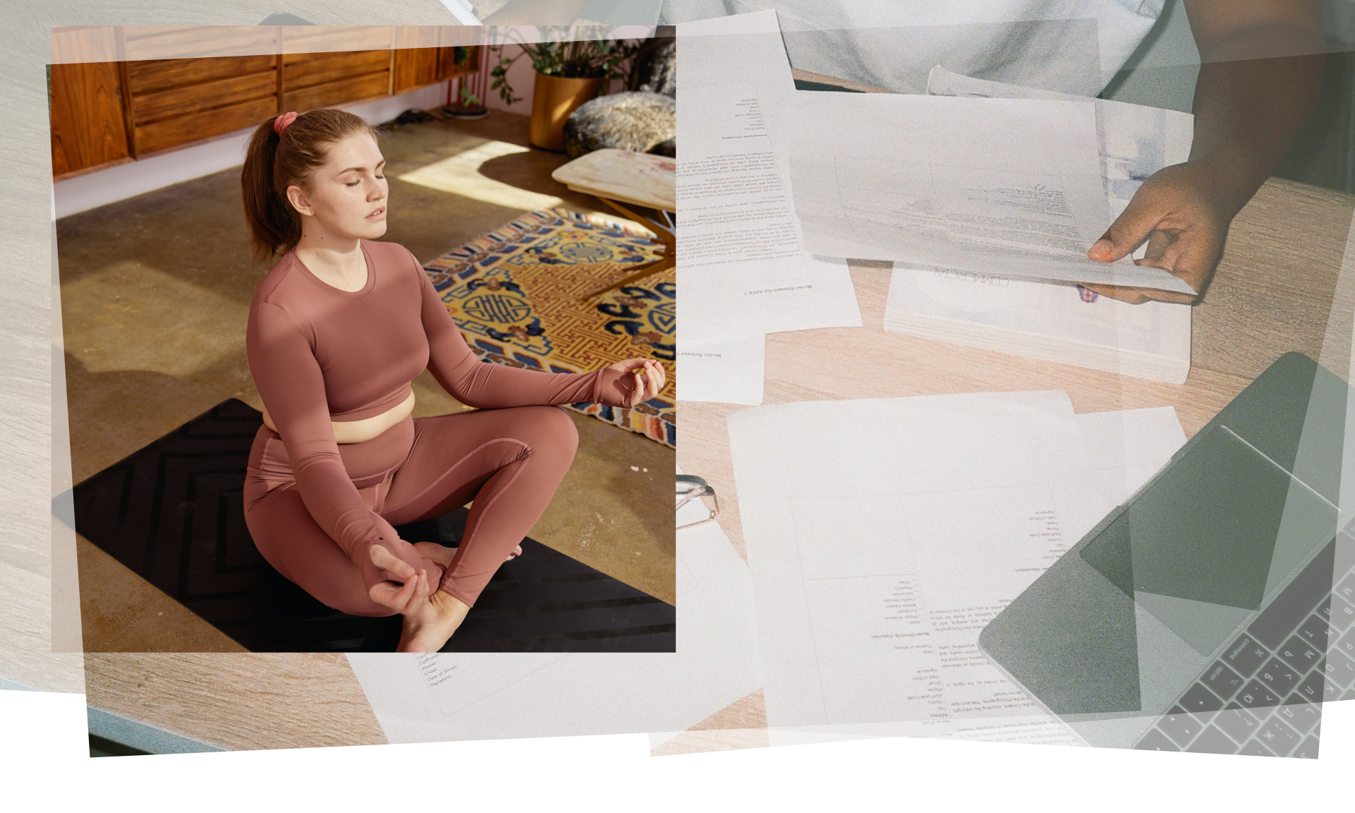 Stacked images of hands leafing through papers and a woman doing yoga.