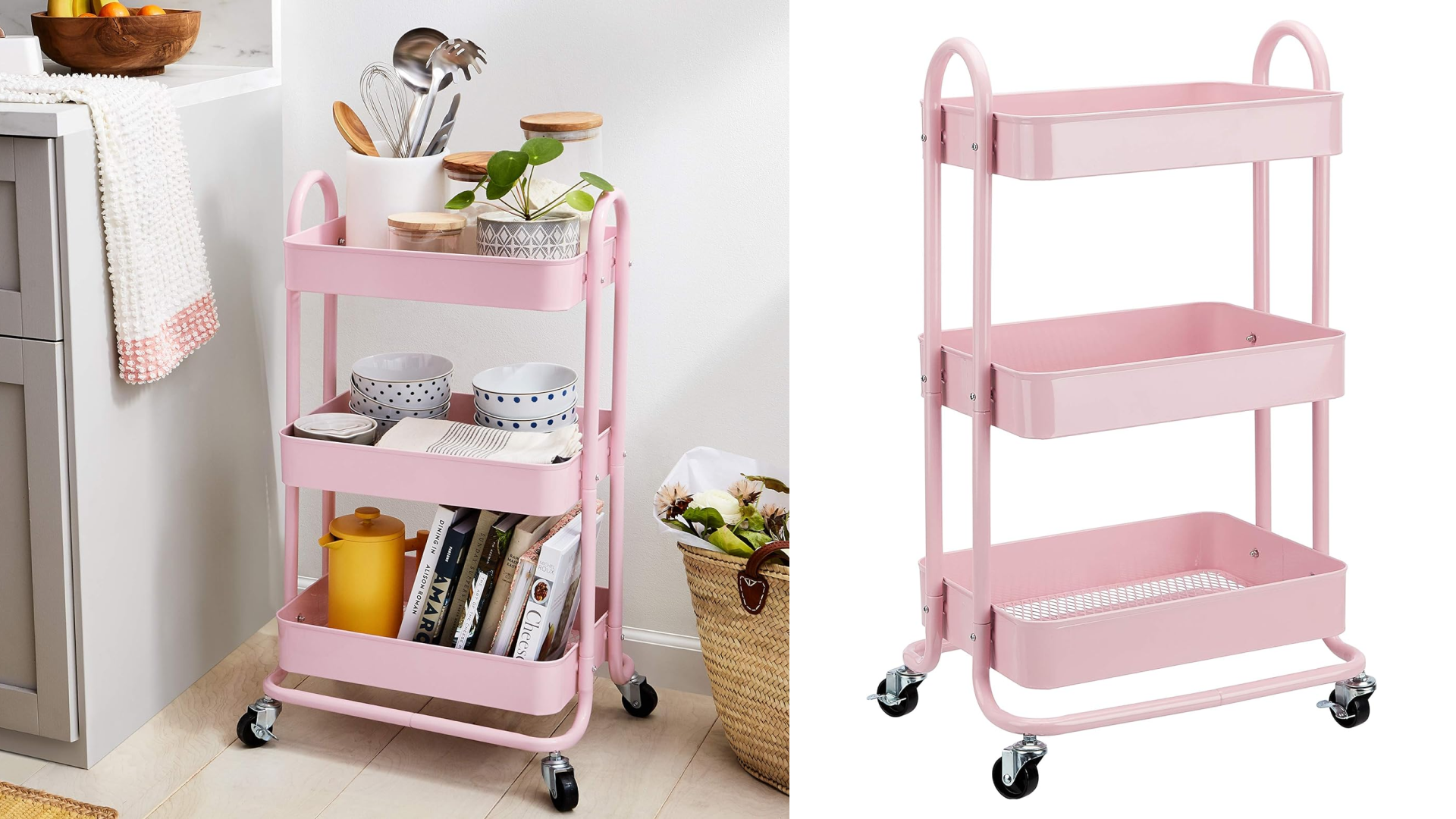 pink rolling cart for extra storage space
